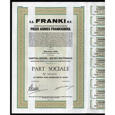 S.A. Franki N.V. - Societe Anonyme Compagnie Internationale des Pieux Armes Frankignoul Stock Certificate