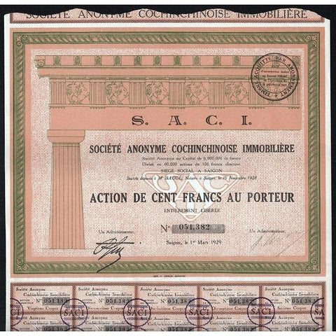 S.A.C.I., Societe Anonyme Cochinchinoise Immobiliere Stock Certificate