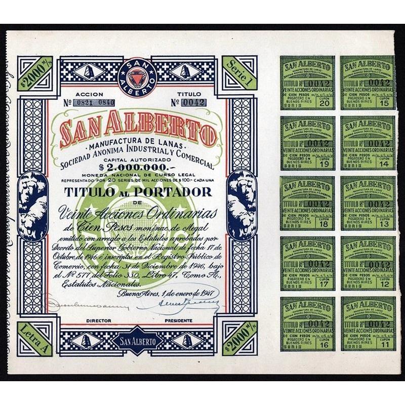San Alberto, Manufactura de Lanas Argentina 1947 Wool Stock Certificate
