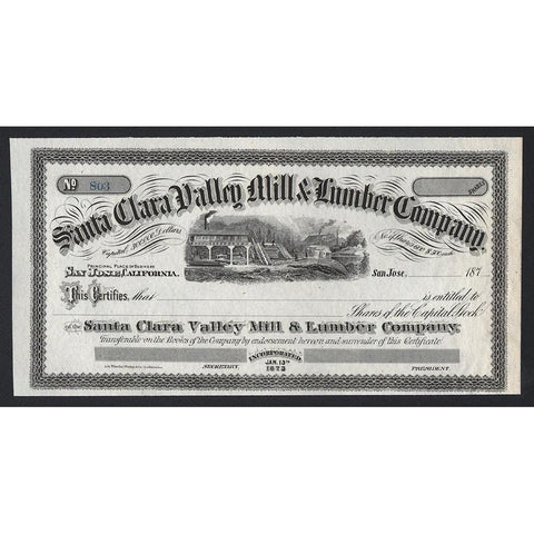 Santa Clara Valley Mill & Lumber Company Stock Certificate