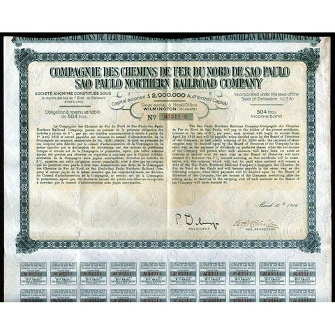 Sao Paulo Northern Railroad Company Stock Certificate