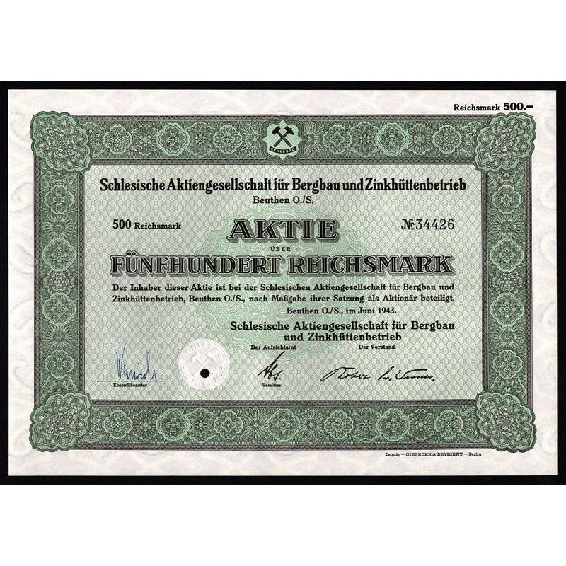 Schlesische Aktiengesellschaft für Bergbau und Zinkhüttenbetrieb, Beuten O./S. Stock Certificate