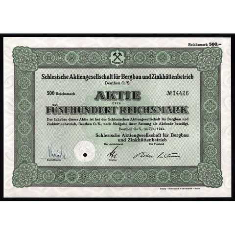 Schlesische Aktiengesellschaft für Bergbau und Zinkhüttenbetrieb, Beuten O./S. Stock Certificate