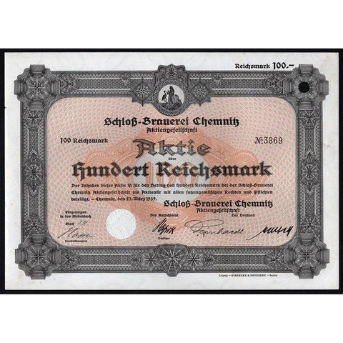 Schloß-Brauerei Chemnitz Aktiengesellschaft Stock Certificate