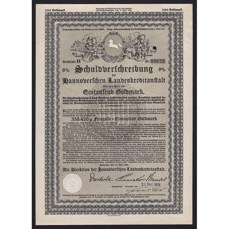 Schuldverschreibung der Hannoverschen Landeskreditanstalt, 1000 Goldmark Stock Certificate