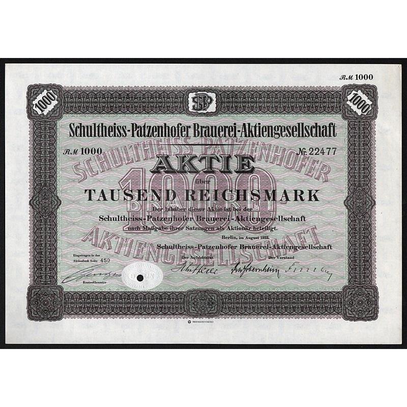 Schultheiss-Patzenhofer Brauerei-Aktiengesellschaft Stock Certificate