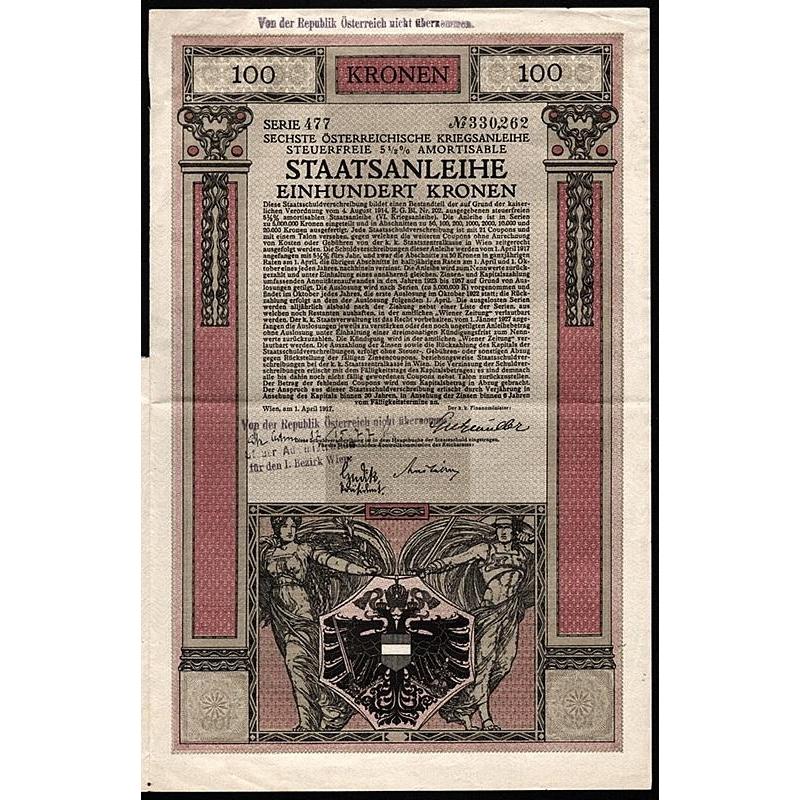 Sechste Österreichische Kriegsanleihe, 100 Kronen Stock Certificate