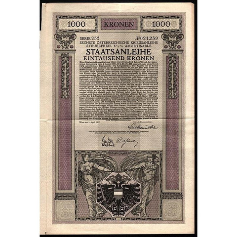 Sechste Österreichische Kriegsanleihe, 1000 Kronen Stock Certificate