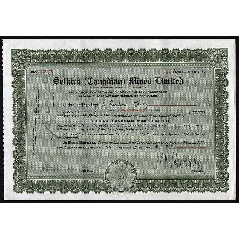 Selkirk (Canadian) Mines Limited Stock Certificate