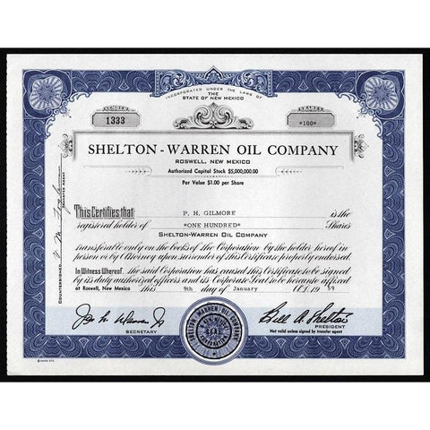 Shelton-Warren Oil Company New Mexico Stock Certificate