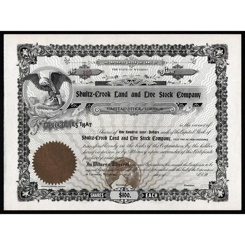 Shultz-Crook Land and Live Stock Company Stock Certificate