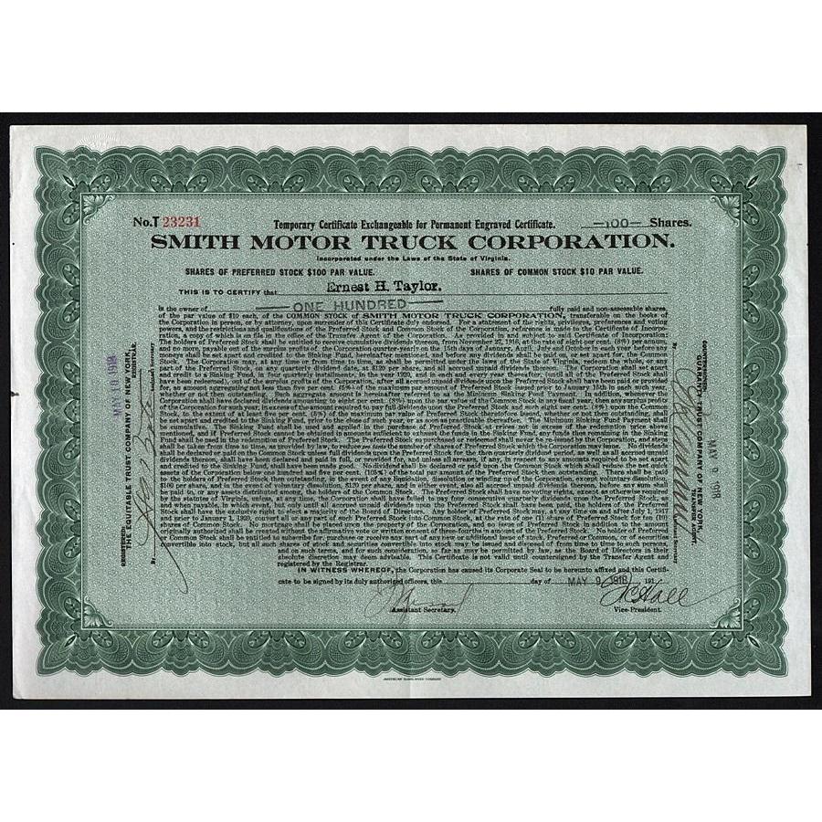 Smith Motor Truck Corporation 1918 Virginia Stock Certificate