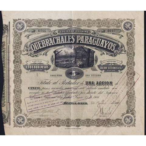 Sociedad Anonima Quebrachales Paraguayos Stock Certificate