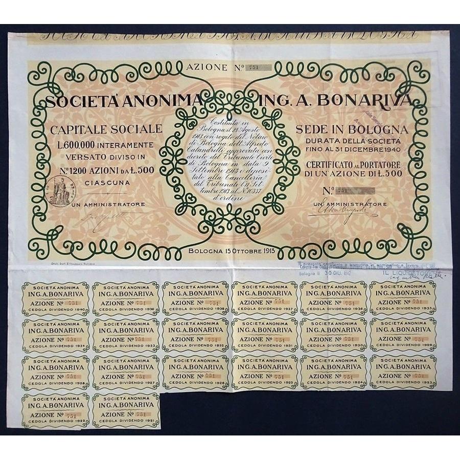 Societa Anonima Ing. A. Bonariva Stock Certificate