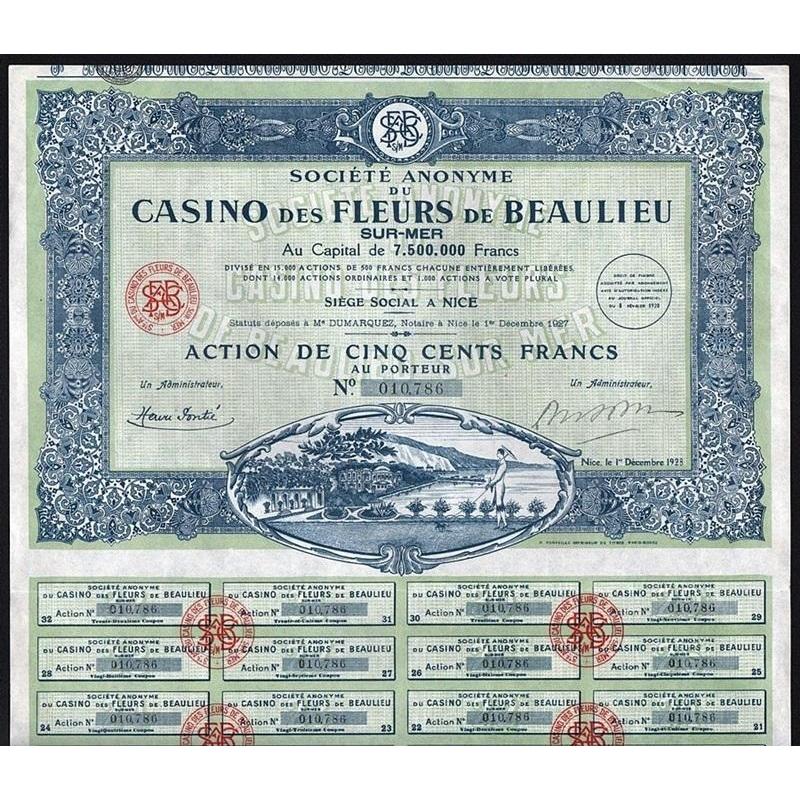 Societe Anonyme de Casino des Fleurs de Beaulieu Sur-Mer France Stock Certificate