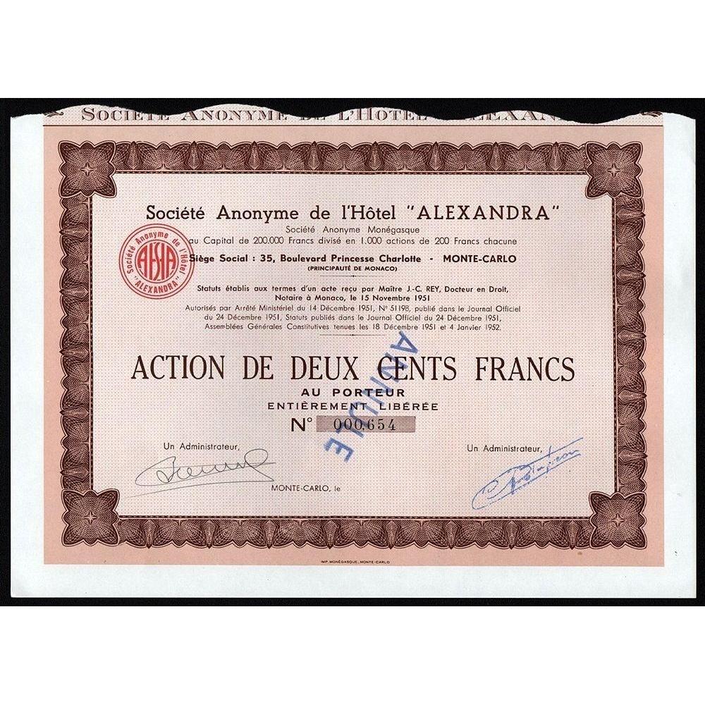 Societe Anonyme de l'Hotel "Alexandra" (Monte Carlo, Monaco) Stock Certificate