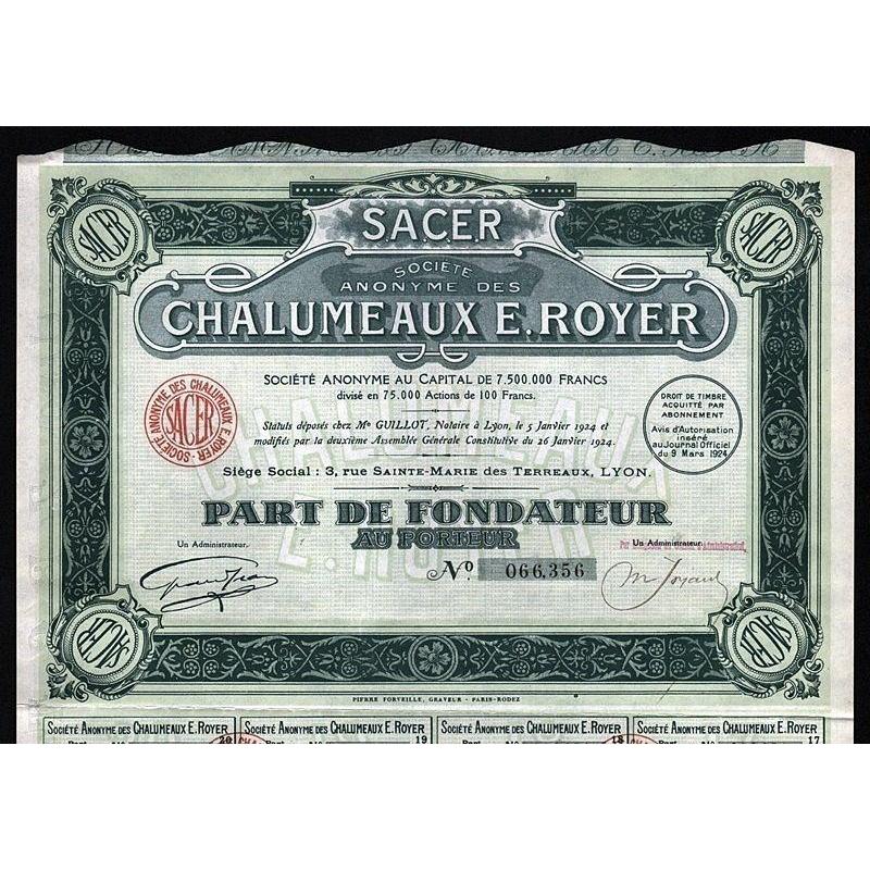 Societe Anonyme des Chalumeaux E. Royer Stock Certificate