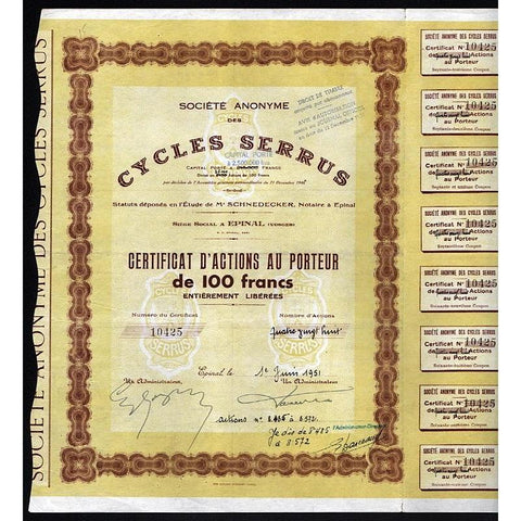 Societe Anonyme des Cycles Serrus Stock Certificate