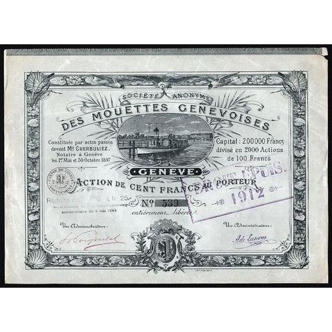 Societe Anonyme des Mouettes Genevoises (Geneve) Stock Certificate