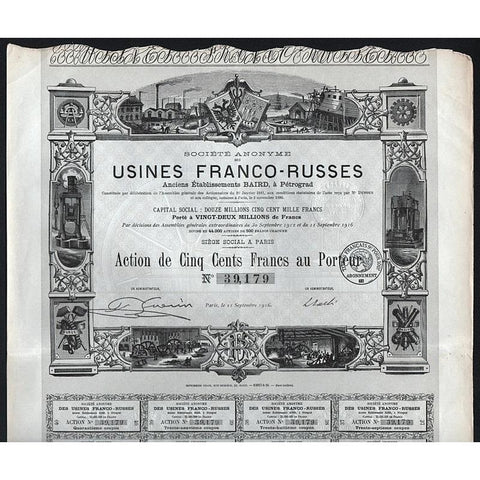 Societe Anonyme des Usines Franco-Russes Stock Certificate