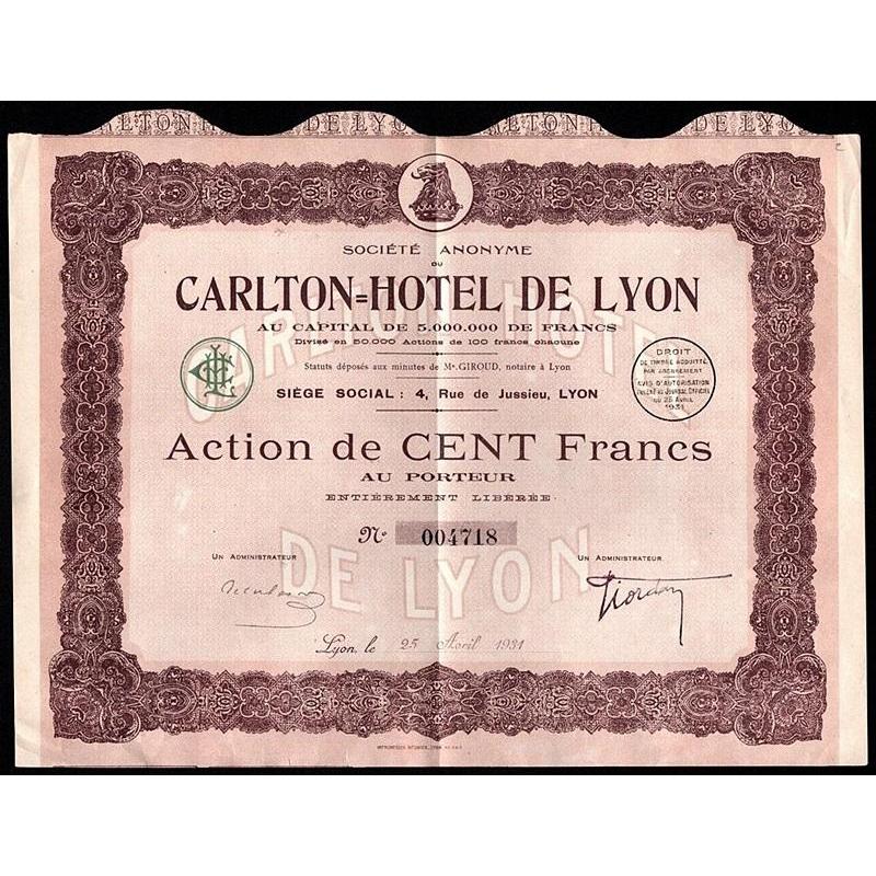 Societe Anonyme du Carlton=Hotel de Lyon Stock Certificate