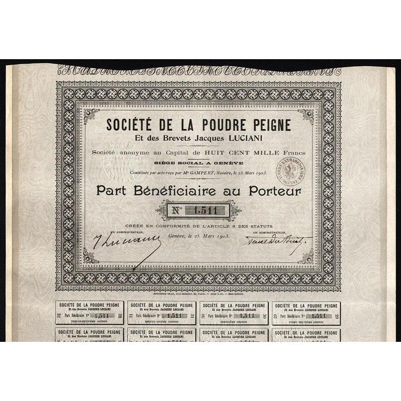 Societe de la Poudre Peigne Et des Brevets Jacques Luciani Stock Certificate