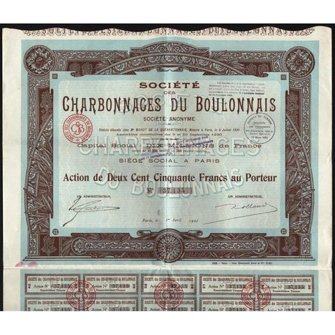 Societe des Charbonnages du Boulonnais Societe Anonyme Stock Certificate