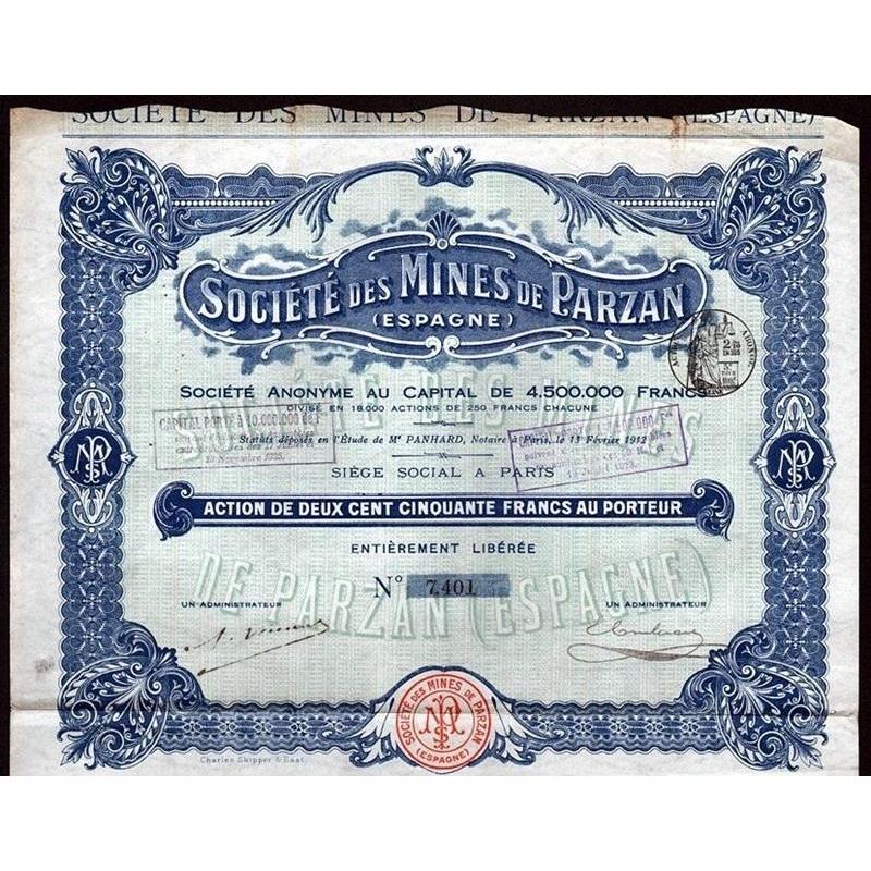 Societe des Mines de Parzan (Espagne) S.A. Stock Certificate