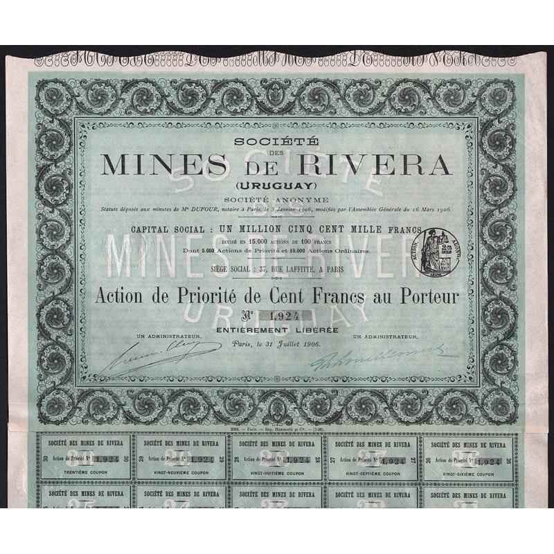 Societe des Mines de Rivera (Uruguay) Stock Certificate