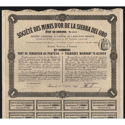 Societe des Mines d'Or de la Sierra del Oro, Etat de Sonora (Mexique) Stock Certificate