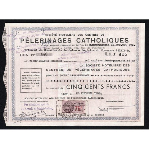 Societe Hoteliere des Centres de Pelerinages Catholiques Societe Anonyme Francaise Stock Certificate