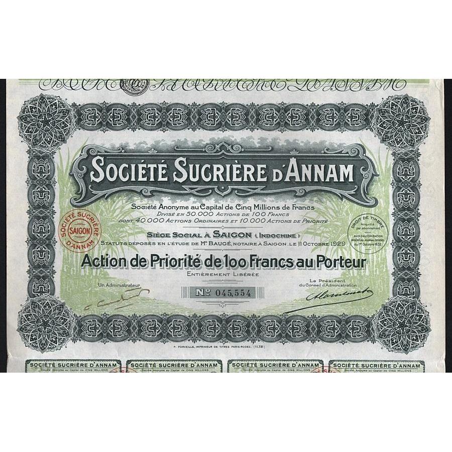 Societe Sucriere d'Annam Societe Anonyme Stock Certificate