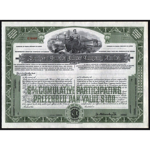 Southern Canada Power Company Limited Stock Certificate