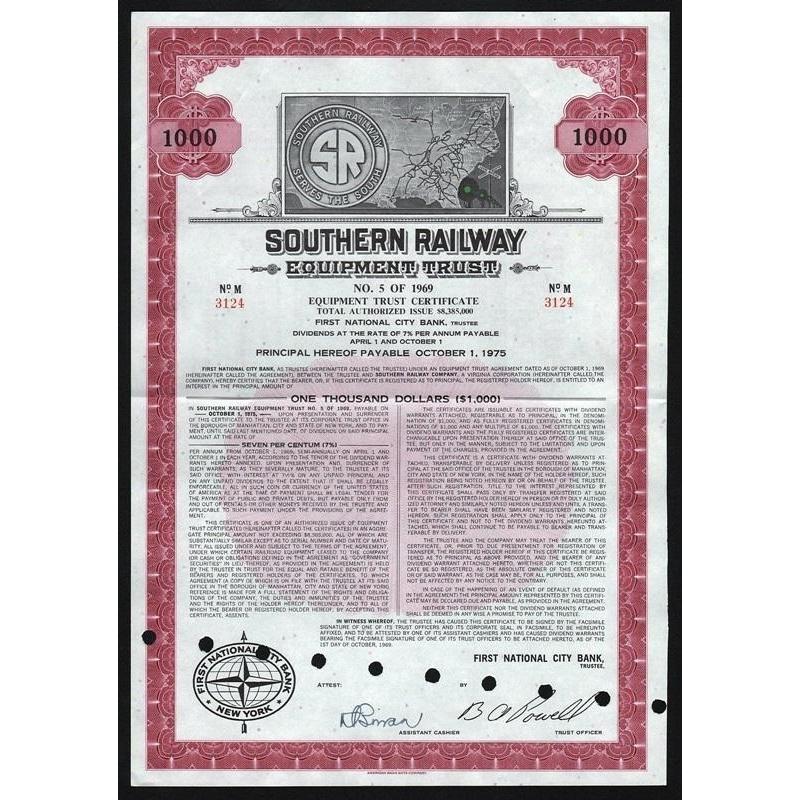 Southern Railway Equipment Trust, No. 5 of 1969 Stock Certificate