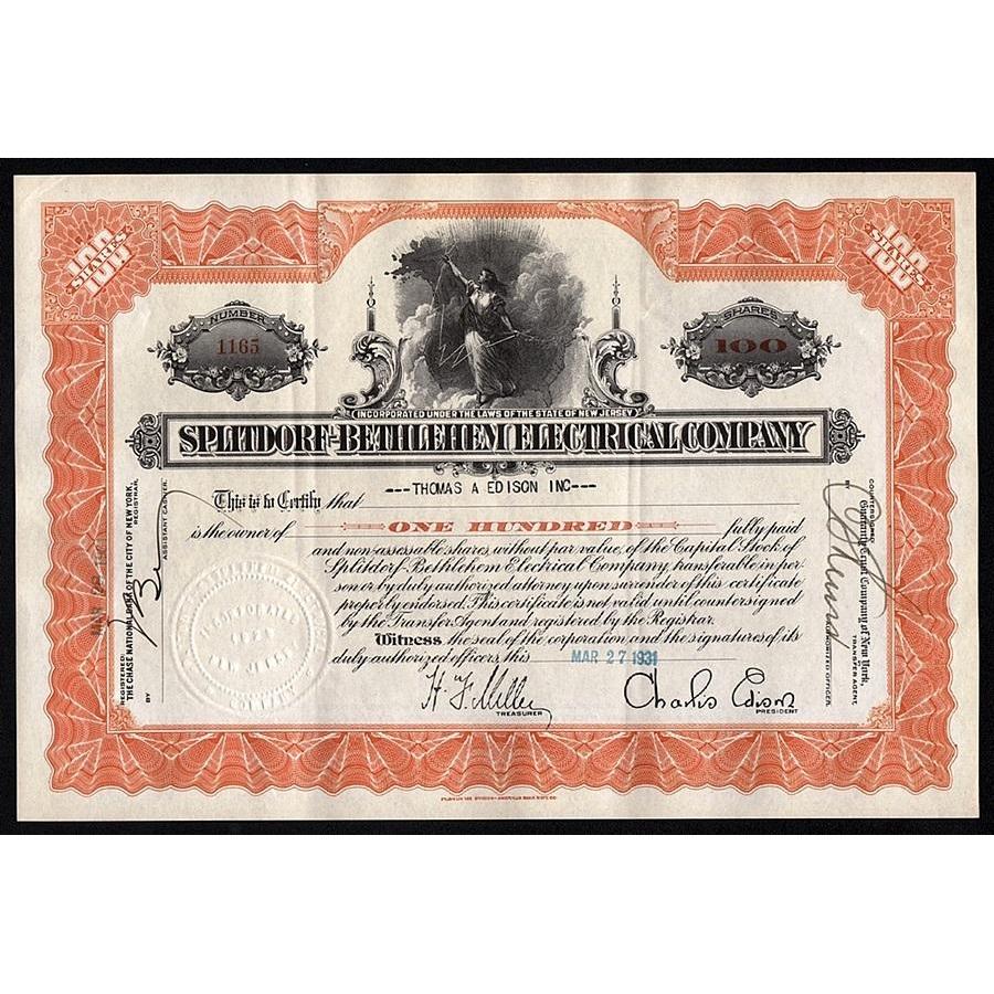 Splitdorf-Bethlehem Electrical Company (Thomas & Charles Edison) Stock Certificate