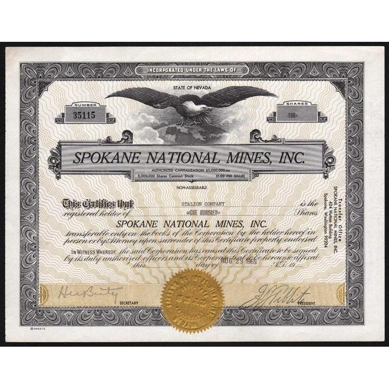 Spokane National Mines, Inc. Stock Certificate