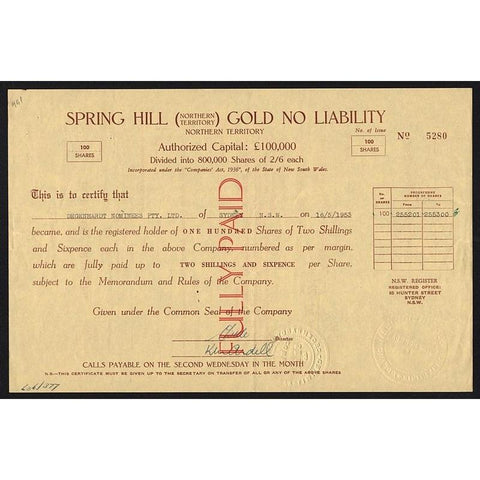Spring Hill (Northern Territory) Gold No Liability, Northern Territory Stock Certificate