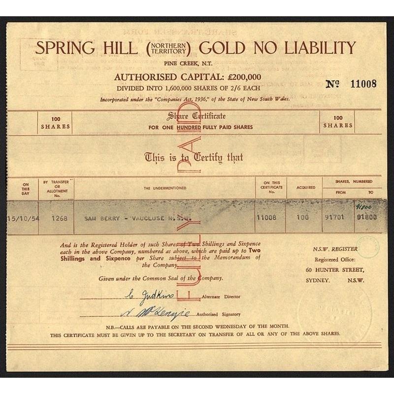 Spring Hill (Northern Territory) Gold No Liability, Pine Creek, N.T. Stock Certificate
