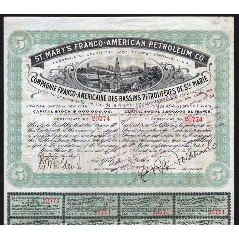 St. Mary's Franco-American Petroleum Co. 1902 West Virginia Stock Certifiate