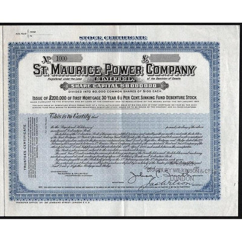 St. Maurice Power Company Limited (Specimen) Stock Certificate
