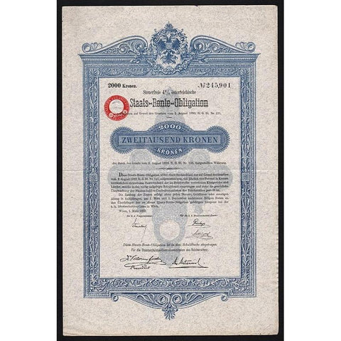 Staats-Rente-Obligation über Zweitausend Kronen 1893 Austria Bond Certificate