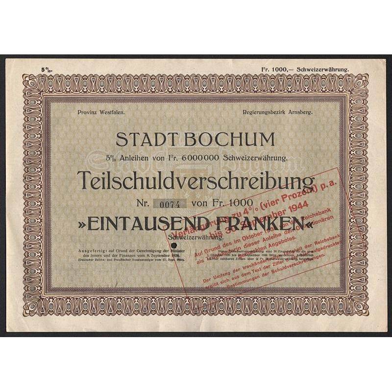 Stadt Bochum (Provinz Westfalen, Regierungsbezirk Arnsberg) Stock Certificate