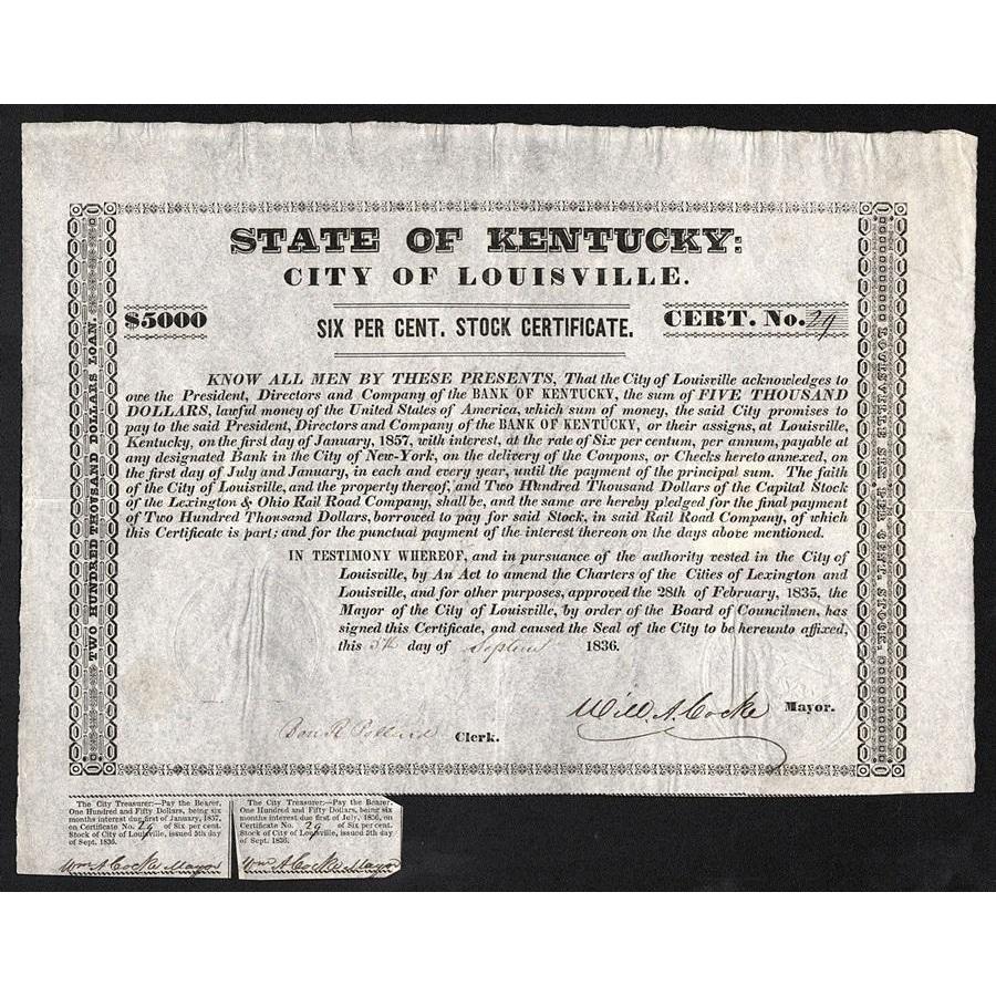 State of Kentucky, City of Louisville (W.A. Cocke signature) Stock Certificate