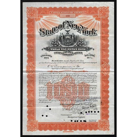 State of New York, $1000 World War Bonus Bond Stock Certificate