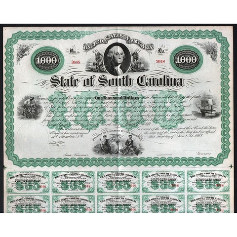 State of South Carolina, Six Per Cent Bond (unissued) Stock Certificate