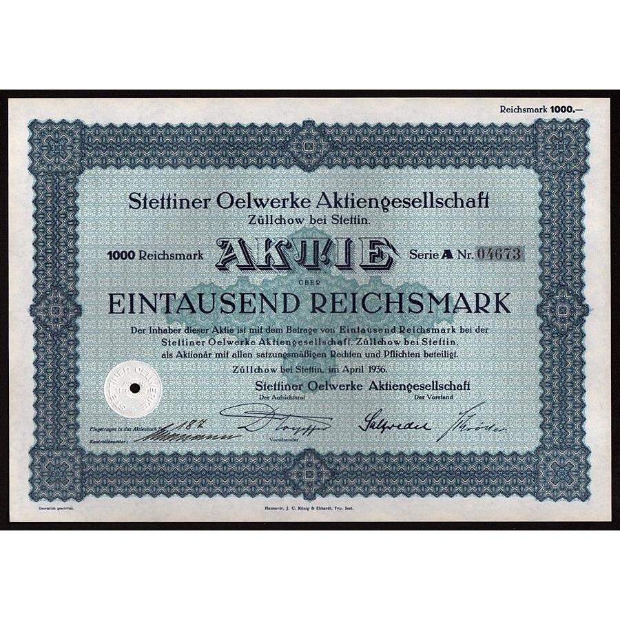 Stettiner Oelwerke Aktiengesellschaft, Züllchow bei Stettin Stock Certificate