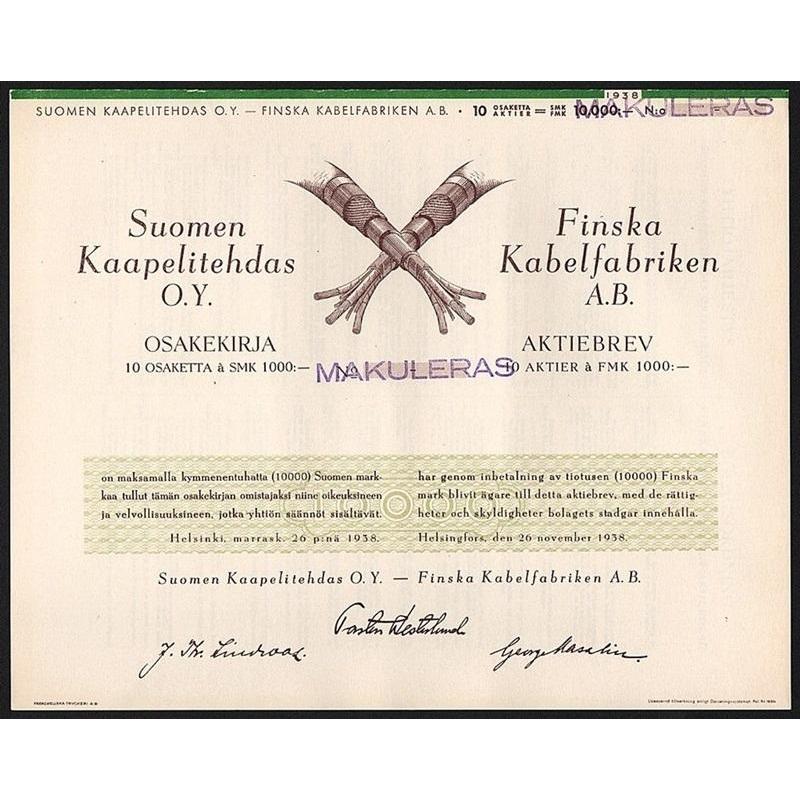 Suomen Kaapelitehdas O.Y. / Finska Kabelfabriken A.B. Stock Certificate