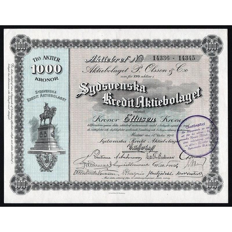 Sydsvenska Kredit Aktiebolaget Stock Certificate