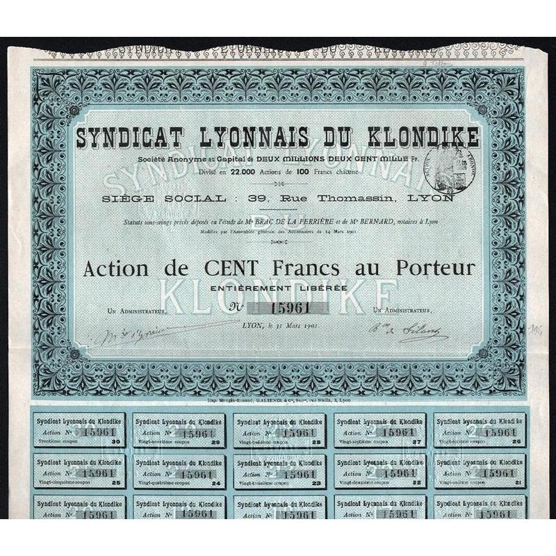 Syndicat Lyonnais du Klondike Societe Anonyme Stock Certificate