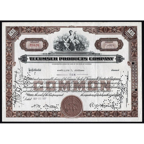 Tecumseh Products Company Stock Certificate